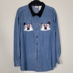 Vintage Womens Embroidered Christmas Button Up Denim Shirt Size 2XL Snowman